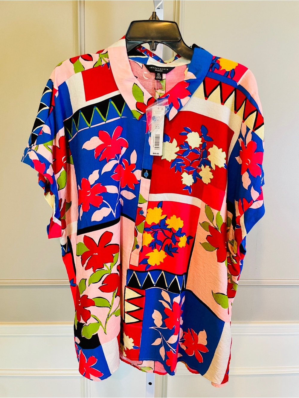 New Investments 3X Blouse Floral Patchwork Popover Short Sleeve Top Shirt